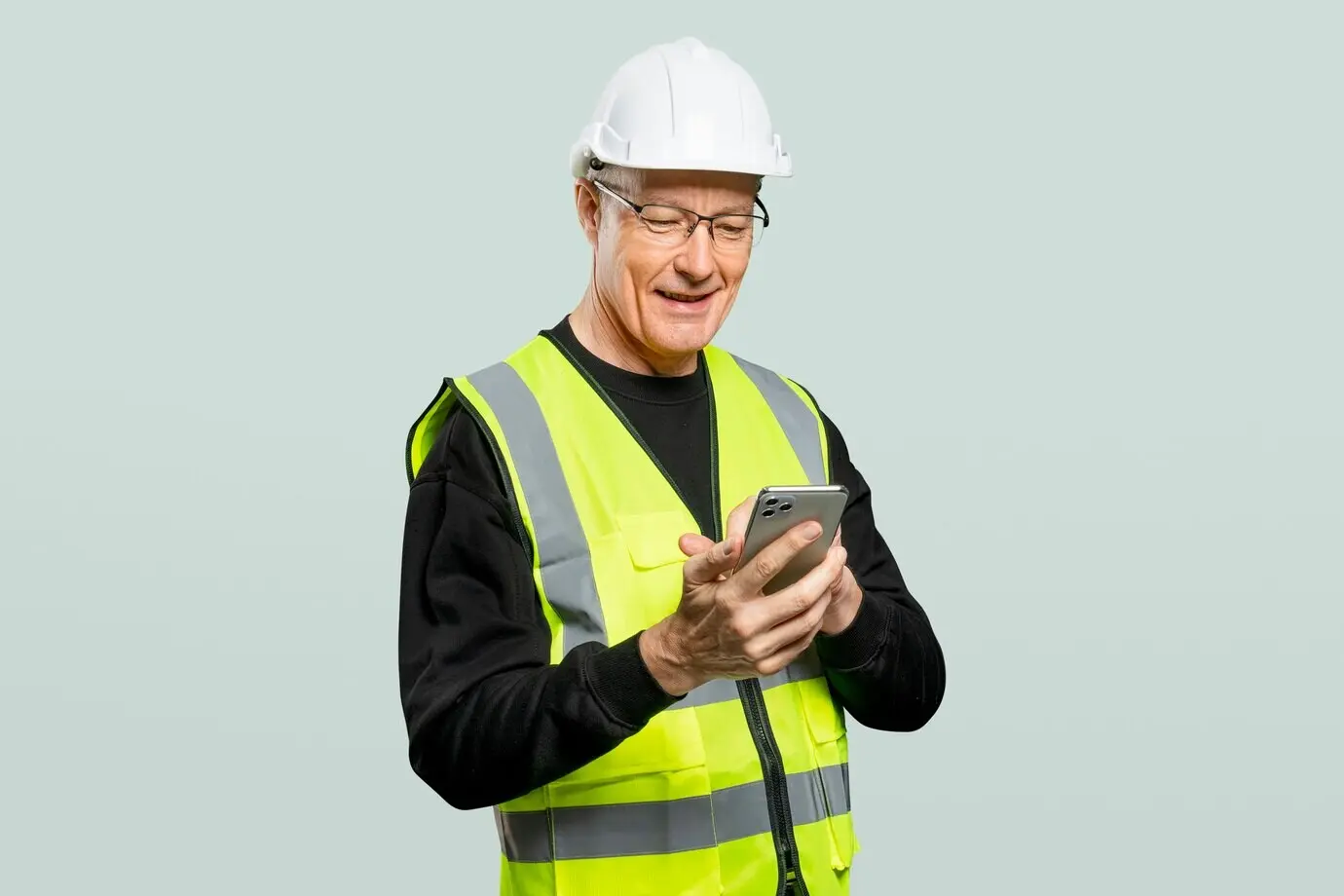 Männlicher Ingenieur, der an einem Telefon arbeitet.